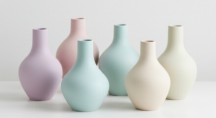 柔らかなパステルカラーのミニマルな花瓶が白い背景に美しく並び洗練された落ち着いた雰囲気を醸し出す. AI Generated
