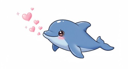 白い背景に浮かぶ手描き風の青い可愛いイルカがキラキラ輝く目で愛情や喜びを込めてピンクのハートを飛ばす見る人を笑顔にするような幸せな雰囲気の漫画風イラスト. AI Generated