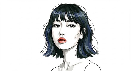 白い背景にクリーンな線で描かれた現代的な女性イラスト黒髪ショートボブと洗練されたまっすぐな視線鮮やかな赤リップが際立つポートレート. AI Generated