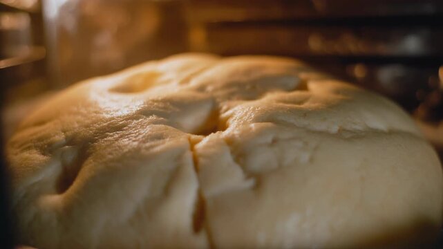 Rising bread dough baking inside oven
