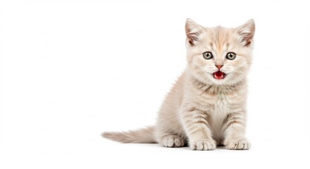 真っ白な背景で好奇心旺盛な小さな子猫が澄んだ瞳で正面を見つめ 口を少し開けて何か話しかけるような愛らしい姿 ふわふわの毛並みが明るいスタジオ照明で優しく輝く瞬間. AI Generated