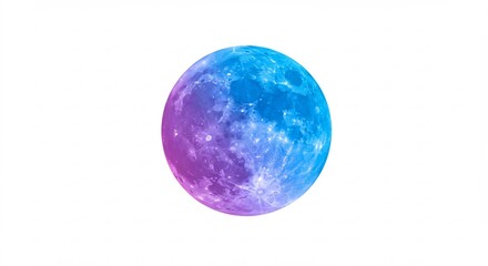 鮮やかに輝く青紫グラデーションの月が白い背景に神秘的に浮かび上がる宇宙のビジョン. AI Generated