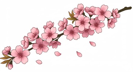 春を告げる淡いピンクの桜が満開に咲き誇る枝繊細なタッチで描かれた優雅で美しいイラスト. AI Generated
