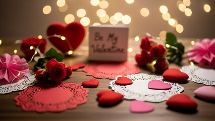 Romantic Valentines Day Table Setting with Hearts, Roses, and Bokeh