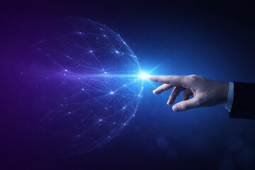 AI generated human hand touching glowing digital network sphere representing technology connection artificial intelligence innovation digital transformation future systems with clean copy space