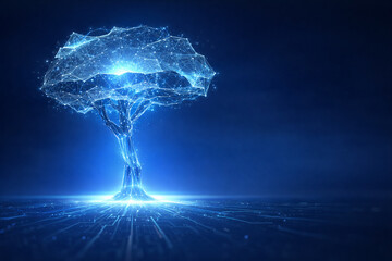 AI generated futuristic digital brain tree made of glowing blue polygon network symbolizing artificial intelligence data flow innovation and future technology with clean space for design use