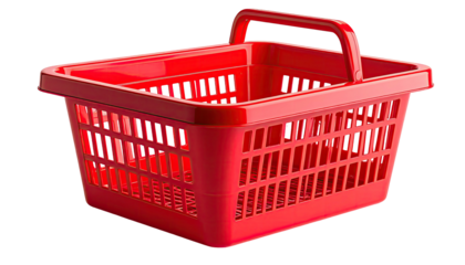 A vibrant, red, empty shopping basket with a sturdy handle against a black background