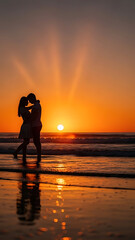 Silhouetted Couple Embracing by Ocean Waves During Golden Sunset