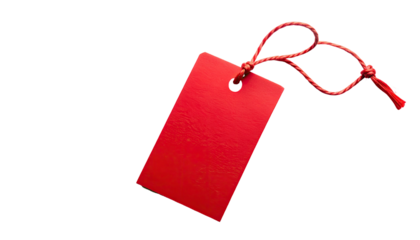 A vibrant red rectangular tag with a matching cord against a stark black background