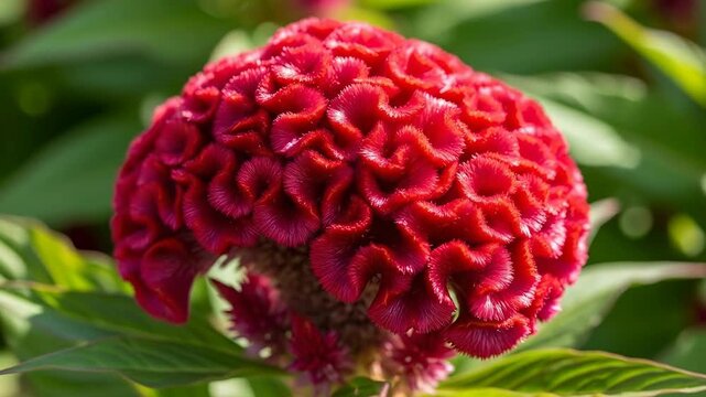 Closeup of a vibrant red cockscomb flower (Celosia) with rich green leaves in a garden scene.
