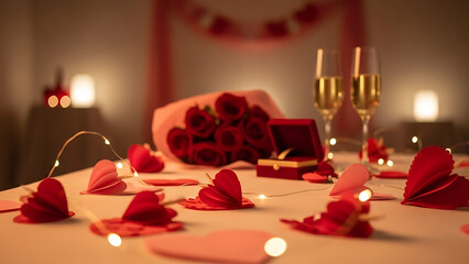Romantic Table Setting with Roses, Champagne, and a Ring Box for a Proposal