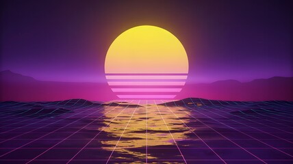Vibrant sunset over futuristic digital landscape with neon grid