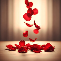 Romantic Red Rose Petals Falling and Scattered on a Softly Lit Table
