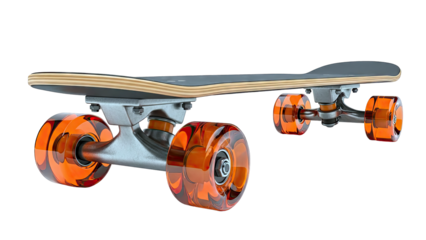 Skateboard with translucent orange wheels on a white background