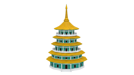Multi-tiered Pagoda with Yellow Roofs and Teal Walls