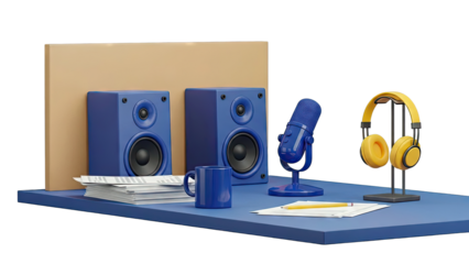 Podcast Studio Setup with Speakers, Microphone, and Headphones