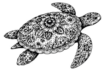 Fototapeta premium Hand drawn line art illustration of a sea turtle depicting an ornate floral pattern for nature and wildlife design