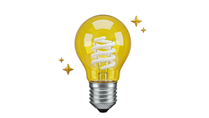 Yellow spiral light bulb with gold stars on white background