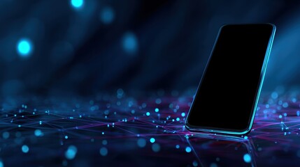 Smartphone on technology background. Neon glowing mobile phone on abstract dark background. Futuristic network connection