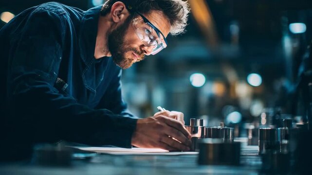 Technician conducts visual quality control inspection on metal parts carefully checking for surface defects under bright industrial lighting.