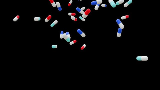 Pills and capsules tablets medication falling on black background. dynamic arrangement medicine concept 4k footage for stock video. Drugs, pills, antibiotics, vitamins, healthcare, concept. 
