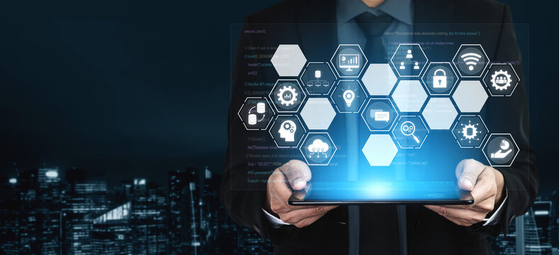 Hexagon interface combining AI, data, analytics, and cybersecurity. AI connects systems, data drives analytics, data supports decisions, and AI enables smart business infrastructure. Vouch - Powered by Adobe