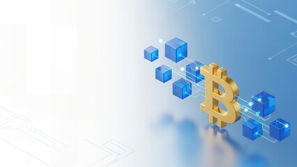 Golden Bitcoin cryptocurrency symbol with glowing blue blockchain cubes, representing digital currency, blockchain technology, and decentralized finance.