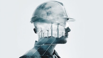 Fototapeta na wymiar engineer man ware safety helmet and solar cell and wind mill, technology, turbine, energy, renewable, generator, sky, power, industrial, alternative, worker, hardhat, electricity