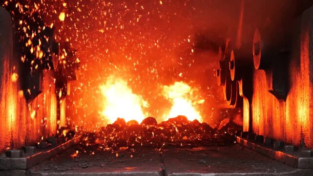 Inside a furnace, intense heat radiates. Sparks fly. Rough metal structures border the glowing center