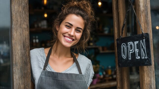 Portrait of a happy owner standing at the door of cefe shop, a cheerful adult waiter waiting for customers at a coffee shop, successful small business owner, professional, service