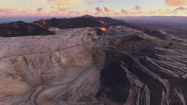 Sunset aerial drone shot of Bingham Canyon Mine. Copper Mine. Herriman. Utah. United States