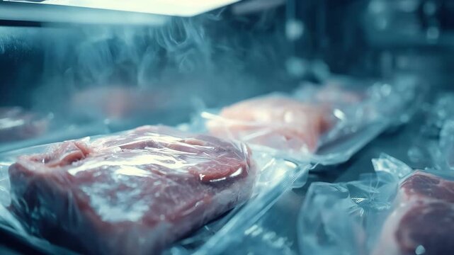 Medium shot of a vacuumsealing machine enclosing fresh meat cuts ensuring freshness in a sterile packaging zone