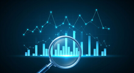 Digital analytics graph with magnifying glass showing data trends and growth