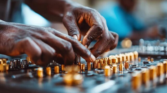 Medium shot of an assembler carefully fitting brass fasteners onto intricate machinery parts in an industrial workshop.