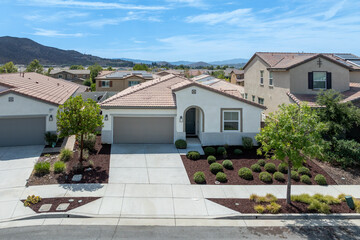 Aerial view of a sprawling neighborhood of family homes in Menifee city in Riverside County,...