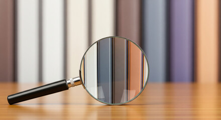 Magnifying glass over a row of colorful books, symbolizing research and discovery