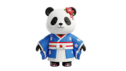 Panda wearing a traditional blue Japanese kimono with flower patterns
