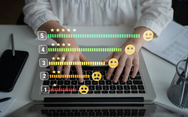 A customer satisfaction feedback and five star rating system. A concept for service review, product...