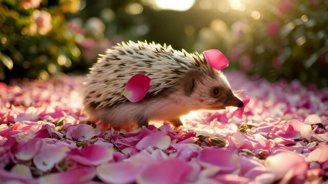 Hedgehog Foraging Through Rose Petals in a Garden on a Summer Day