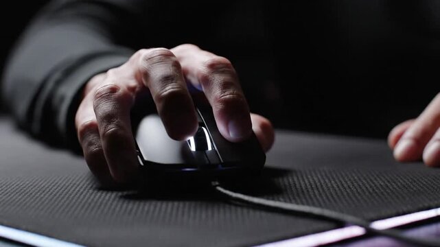 Close-up of a hand hovering over a gaming mouse, illuminated against a dark background