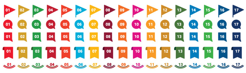 SDGsカラーのナンバーアイコンセット。フラッグ、吹き出しなど。白背景にベクターイラスト。