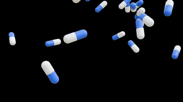 Pills and capsules tablets medication falling on black background. dynamic arrangement medicine concept 4k footage for stock video. Drugs, pills, antibiotics, vitamins, healthcare, concept. 