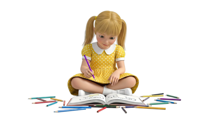 Young Girl Drawing with Colored Pencils