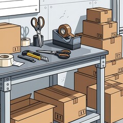 Warehouse packing station table with cardboard boxes and shipping supplies.