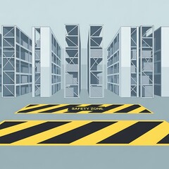 Warehouse Safety Zone Illustration with Shelving and Striped Markings.