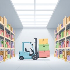 Warehouse Scene with Forklift and Shelves of Colorful Boxes.