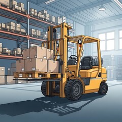Warehouse scene with a yellow forklift carrying boxes on a pallet.