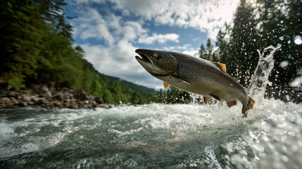 Alaska USA salmon run river, powerful fish leaping upstream, natural cycle concept