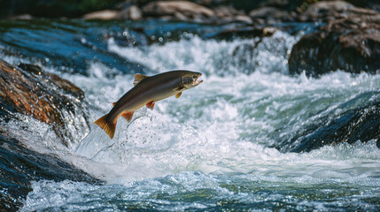 Alaska USA salmon run river, powerful fish leaping upstream, natural cycle concept