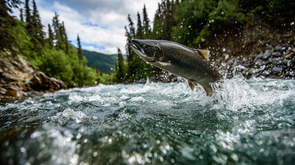 Alaska USA salmon run river, powerful fish leaping upstream, natural cycle concept